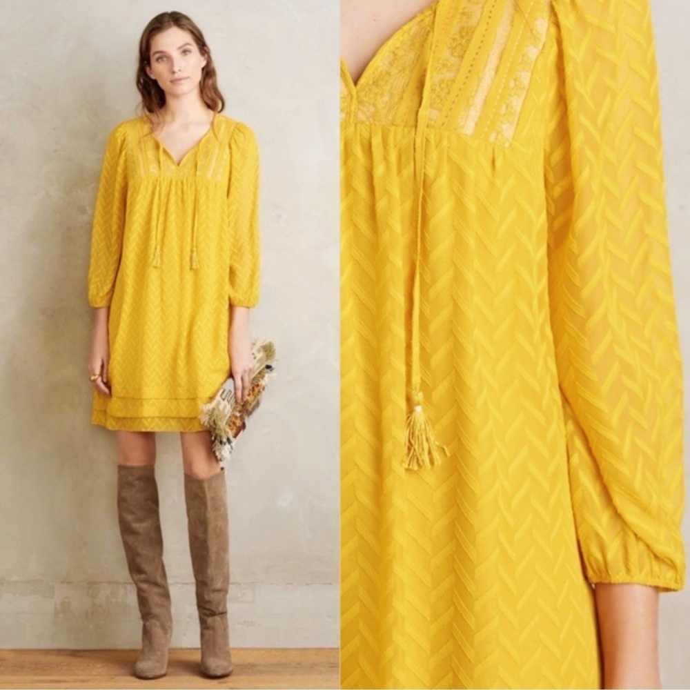 Anthropologie One September Anwen Peasant Dress mini Maize gold yellow size XS
